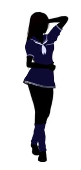 A girl silhouette dressed in a blue outfit on a white background