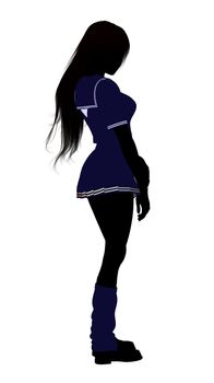 A girl silhouette dressed in a blue outfit on a white background