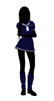 A girl silhouette dressed in a blue outfit on a white background