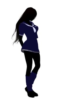 A girl silhouette dressed in a blue outfit on a white background