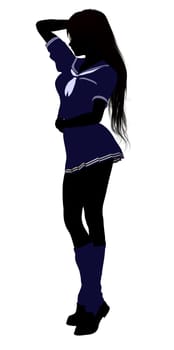 A girl silhouette dressed in a blue outfit on a white background