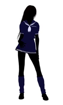 A girl silhouette dressed in a blue outfit on a white background