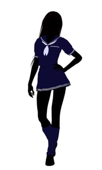 A girl silhouette dressed in a blue outfit on a white background