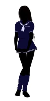 A girl silhouette dressed in a blue outfit on a white background