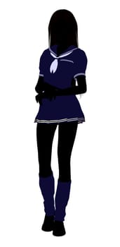 A girl silhouette dressed in a blue outfit on a white background