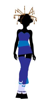 A geisha girl silhouette dressed in a blue outfit on a white background