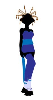 A geisha girl silhouette dressed in a blue outfit on a white background