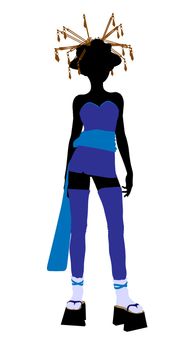 A geisha girl silhouette dressed in a blue outfit on a white background