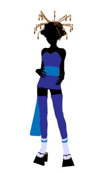 A geisha girl silhouette dressed in a blue outfit on a white background