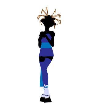 A geisha girl silhouette dressed in a blue outfit on a white background