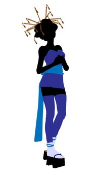 A geisha girl silhouette dressed in a blue outfit on a white background