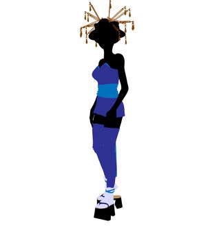 A geisha girl silhouette dressed in a blue outfit on a white background