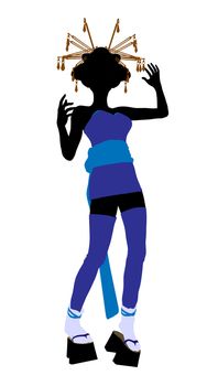 A geisha girl silhouette dressed in a blue outfit on a white background