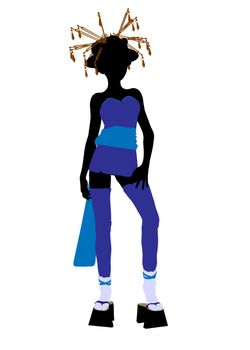 A geisha girl silhouette dressed in a blue outfit on a white background