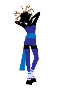 A geisha girl silhouette dressed in a blue outfit on a white background