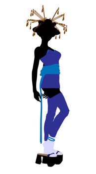 A geisha girl silhouette dressed in a blue outfit on a white background