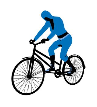 Female bicycle rider silhouette in a blue outfit on a white background