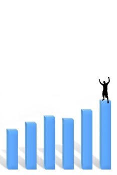 A 3d profit chart with a silhouette of a man standing at the top with arms in the air.  Plenty of copy space.