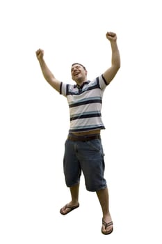 A young man joyously throws his hands up in the air.  Includes the clipping path.