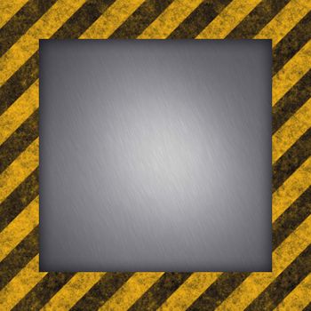 A diagonal hazard stripes border with brushed metal in the center.