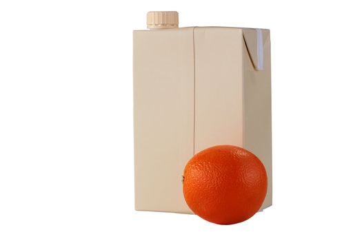 The container for orange juice from a cardboard with a plastic twisting cover and an orange in the foreground.