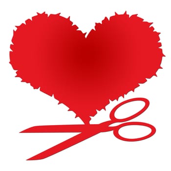 Red heart and scissors isolated over white background