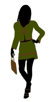 A girl silhouette fashionably dressed in a green outfit on a white background