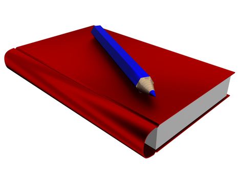 The isolated illustration of the book and pencil. 3D image.