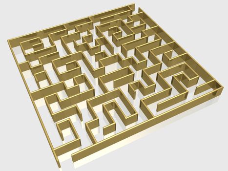 The gold labyrinth with reflection. 3D image.