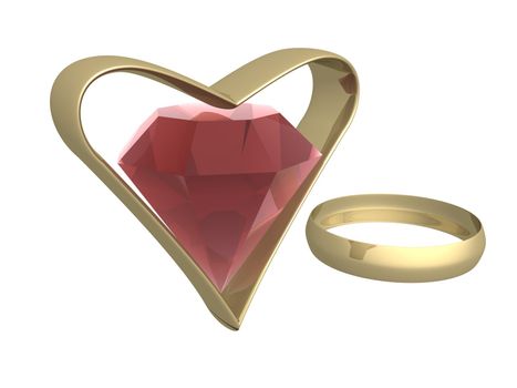 Ruby in gold heart and a ring. 3d mage.