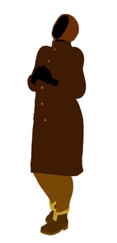 Old lady silhouette dressed in a trench coat on a white background