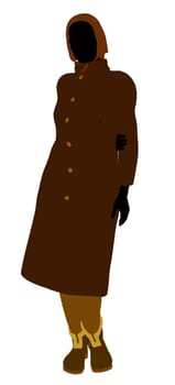 Old lady silhouette dressed in a trench coat on a white background