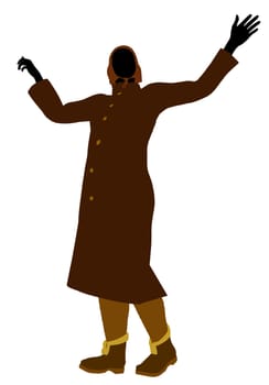 Old lady silhouette dressed in a trench coat on a white background