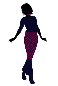 A girl silhouette dressed in a pink checkered outfit on a white background