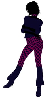 A girl silhouette dressed in a pink checkered outfit on a white background