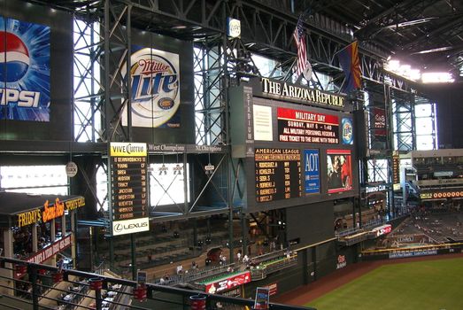 Large scoreboard displayed at Phoenix baseball field, under a closed dome.