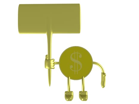 Gold dollar a holding banner. 3D image.