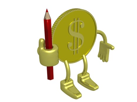 Gold dollar a holding pencil. 3D image.