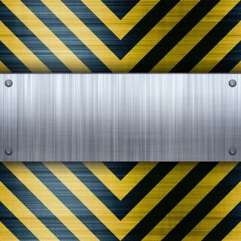 A riveted brushed aluminum plate on a construction hazard stripes background with carbon fiber inlay. 