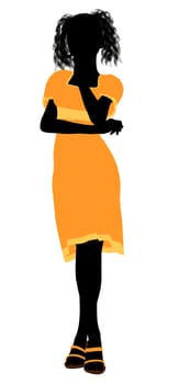A girl silhouette fashionably dressed in a yellow dress on a white background
