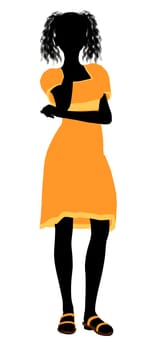 A girl silhouette fashionably dressed in a yellow dress on a white background
