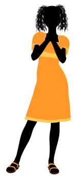 A girl silhouette fashionably dressed in a yellow dress on a white background