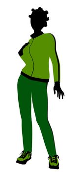 African american female jogger silhouette dressed in a green sports suit on a white background