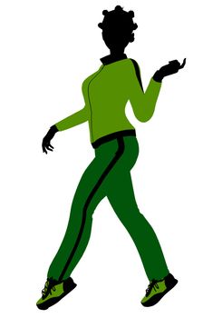 African american female jogger silhouette dressed in a green sports suit on a white background