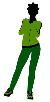 African american female jogger silhouette dressed in a green sports suit on a white background