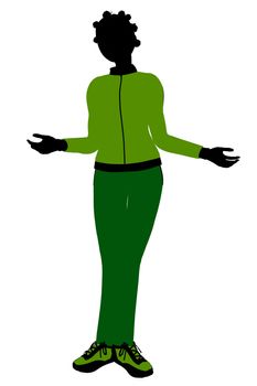 African american female jogger silhouette dressed in a green sports suit on a white background