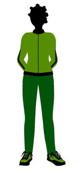 African american female jogger silhouette dressed in a green sports suit on a white background