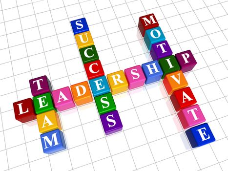 3d colour boxes crossword - leadership; team, motivate, success