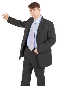 Young businessman in a dark jacket on a white background