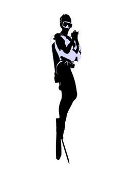 Female scuba diver art illustration silhouette on a white background